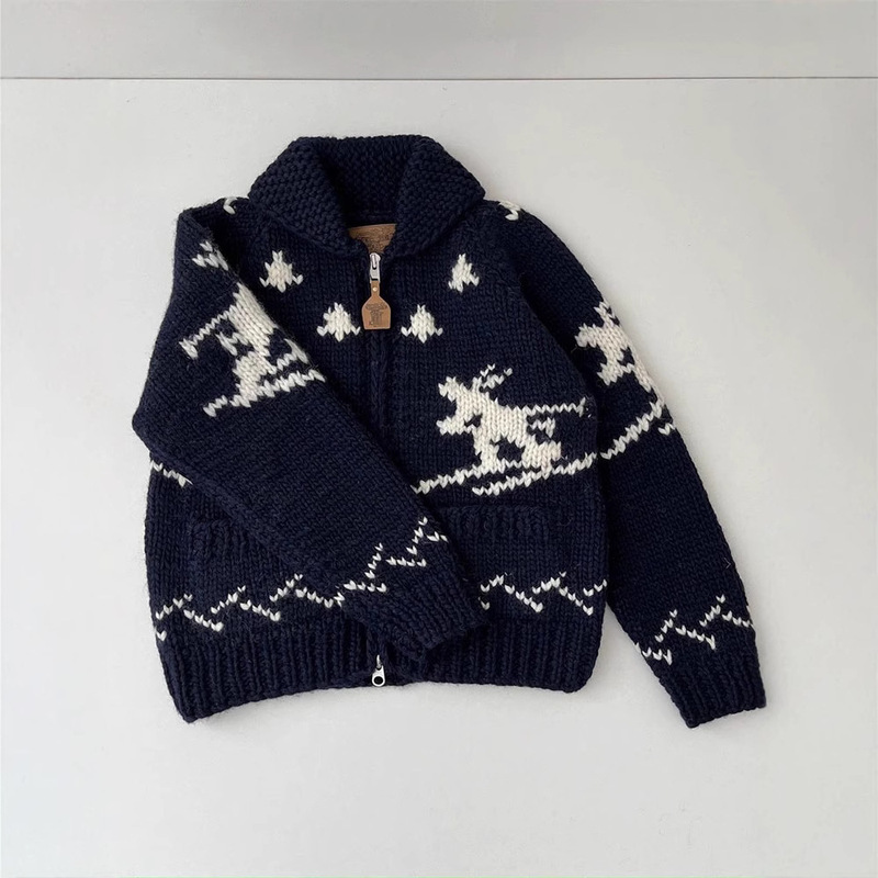 In-Stock Korean Designer Christmas and New Year Ski Fair Isle Pure Wool Handmade Coat Sweater for Women