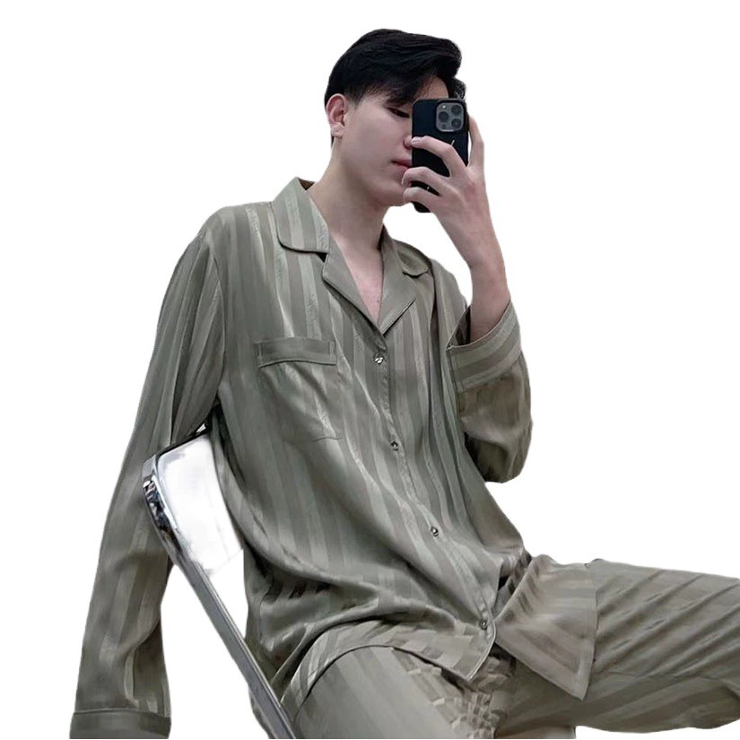 Мужской комплект домашней одежды из легкого люксового жаккарда с вышивкой из ледяного шелка, высококачественный, осенний, с длинными рукавами