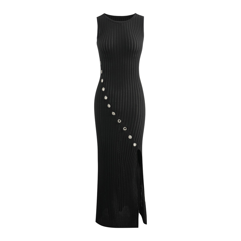 Sd 26 Spring/Summer New Luxury Black High-Waisted Rhinestone Ring Slit Knit Sleeveless Bodycon Dress Long Dress