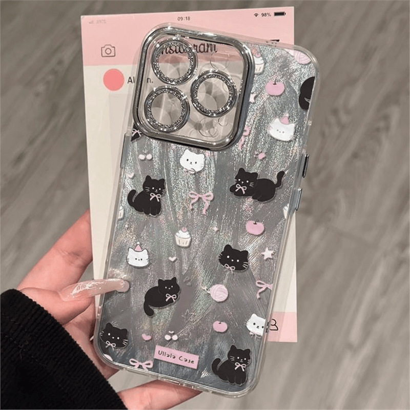 iPhone17用キラキラ保護フィルム羽根ガーゼApple15promaxスマホケース（レンズフィルム付き）漫画猫|undefined
