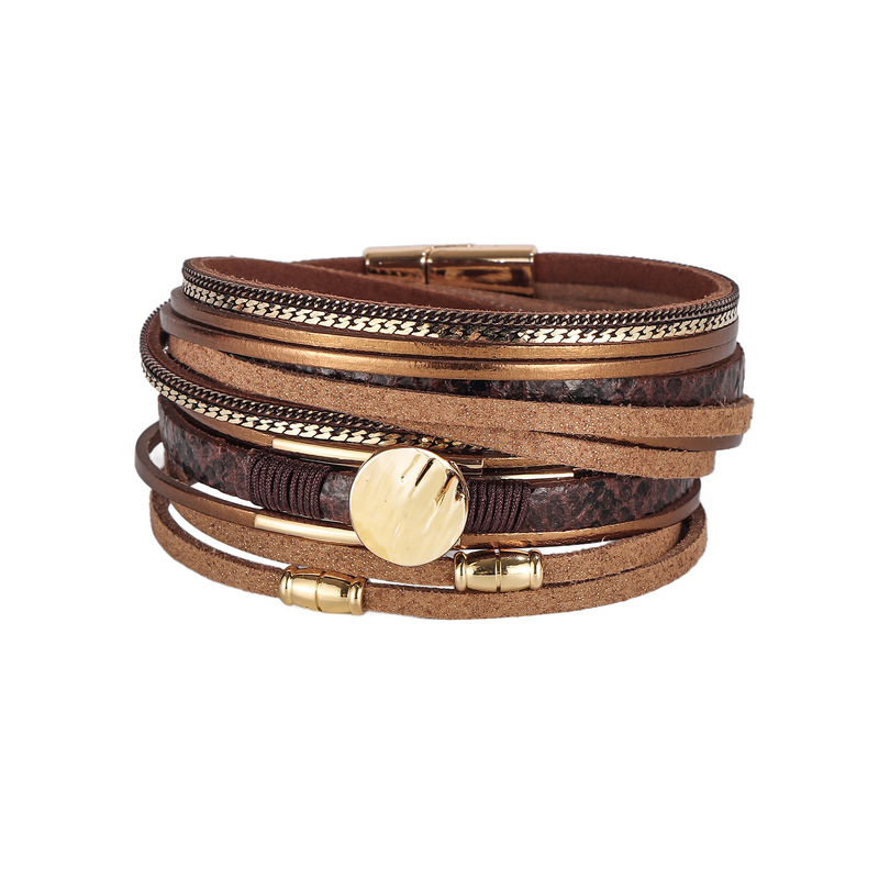 Retro Multi-Layered Snake Pattern Leather Bracelet for Women European and American Style Magnetic Buckle Leather Rope Bracelet Fashionable Versatile Accessories Ready for Sale