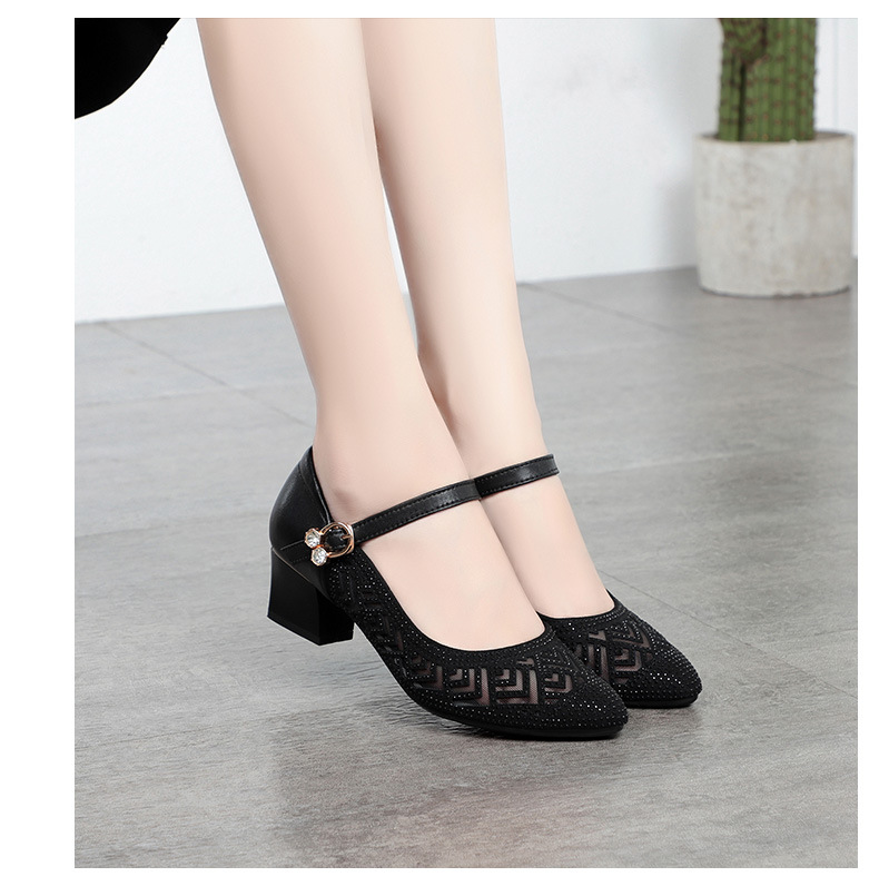 Sandal nữ da thật mũi kín lưới hở gót vuông ổn định — màu đen chi tiết 12