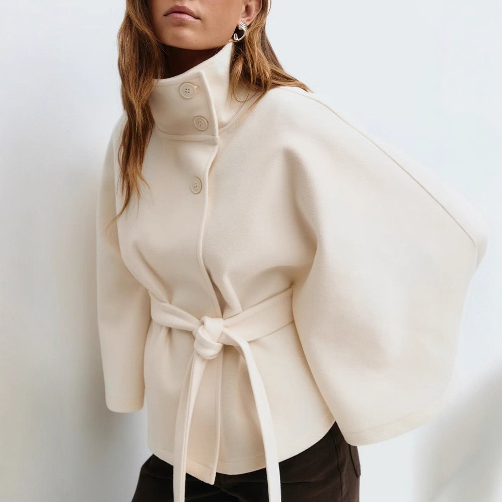 2025 European and American Women's Clothing Autumn and Winter New Amazon Fashion Pure Color Cloak Stand Collar Button Belt Windbreaker Jacket