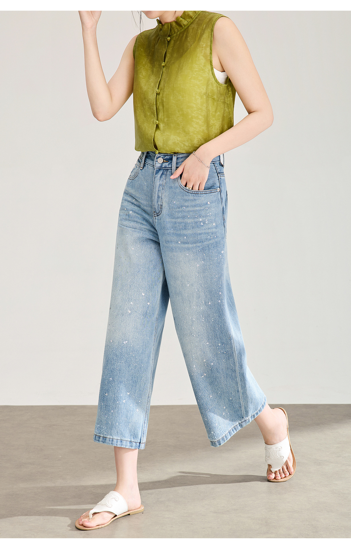 Quần jean nữ ống rộng cạp cao chất cotton mài trắng phối sequin bướm — xanh lam chi tiết 19