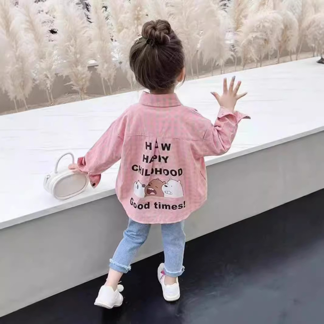 2023 New Style Girl's Shirt Jacket, Spring and Autumn Children's Stylish Plaid Shirt, Casual Cartoon Top