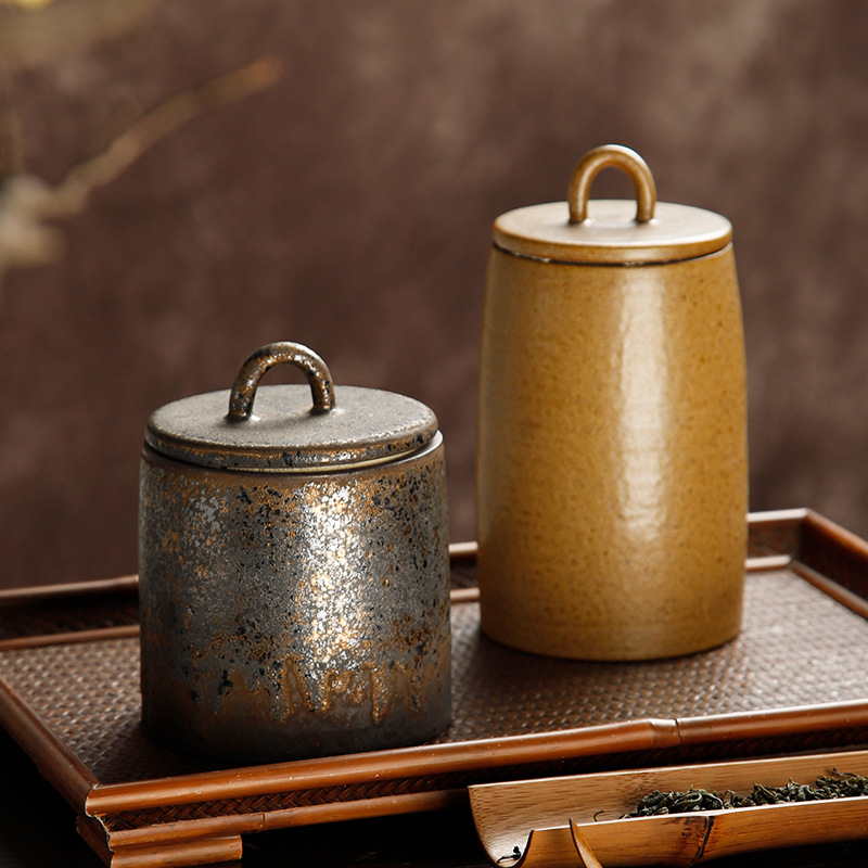 Coarse pottery tea can, awakening tea can, Japanese-style tea warehouse ceramic sealed storage jar, Pu'er retro tea box packaging tea set