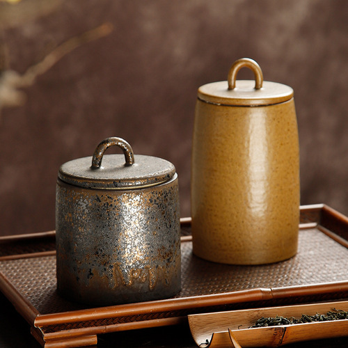Coarse pottery tea can, awakening tea can, Japanese-style tea warehouse ceramic sealed storage jar, Pu'er retro tea box packaging tea set
