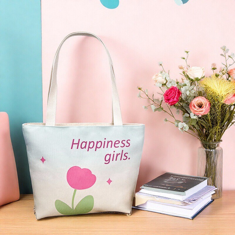 Trendy Double-Sided Printed Tote Bag Versatile Canvas Thickened Handbag Student Large Capacity Shoulder Bag