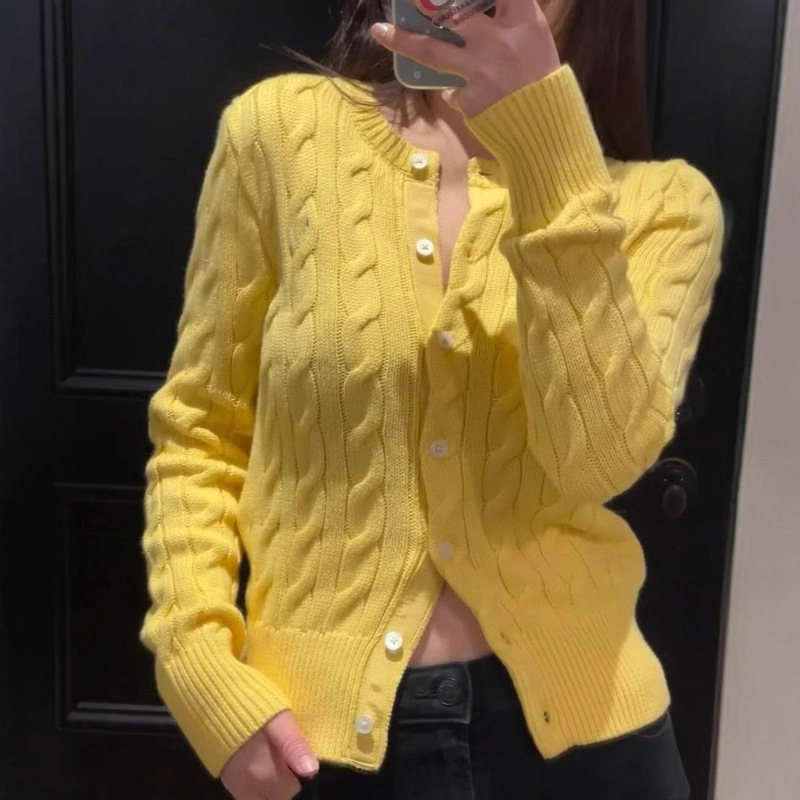 Embroidered Women's Pure Cotton Long-Sleeved Cable Knitted Cardigan Knitted Jacket New Spring & Fall Twist Sweater Korean Style Autumn and Winter