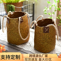 田園草編みフラワーバスケット植木鉢ドライフラワーバスケット手編み収納バスケット籐編み竹編みリビング飾り花器
