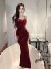 Full Sky Star Waistband Sexy One Line Neck Velvet suspender Bottom Dress