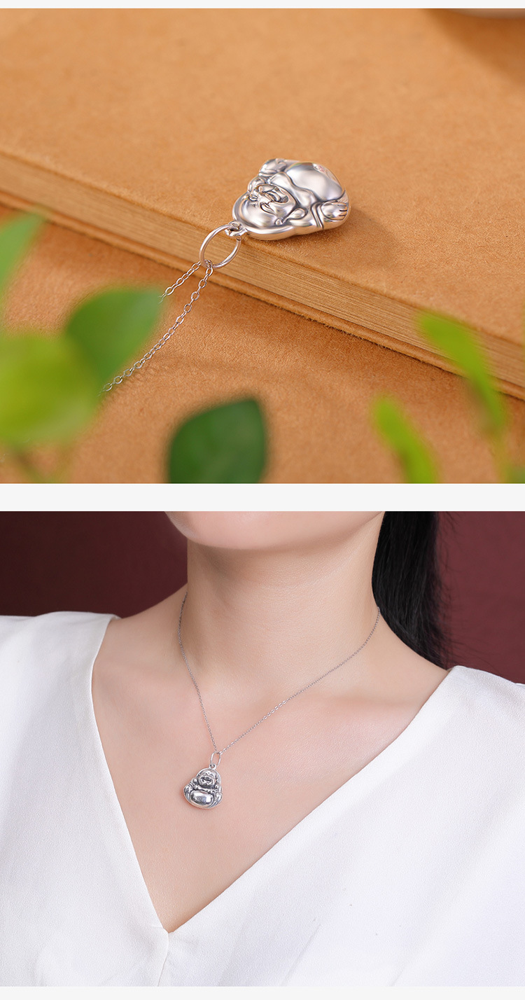 Mặt dây chuyền Phật Di Lặc bạc S999 cổ điển, mặt bóng, phong cách Trung Quốc, nụ cười mở mặt — Mặt dây chuyền đơn (không có dây chuyền) chi tiết 4