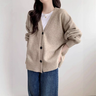 韩版宽松慵懒风纯色百搭针织开衫上衣女秋冬新款v领刺绣毛衣外套