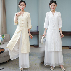 女性用禅服、春夏改良チャイナドレス、中国風文学レトロ綿麻ボタン付きヤングティードレススーツ