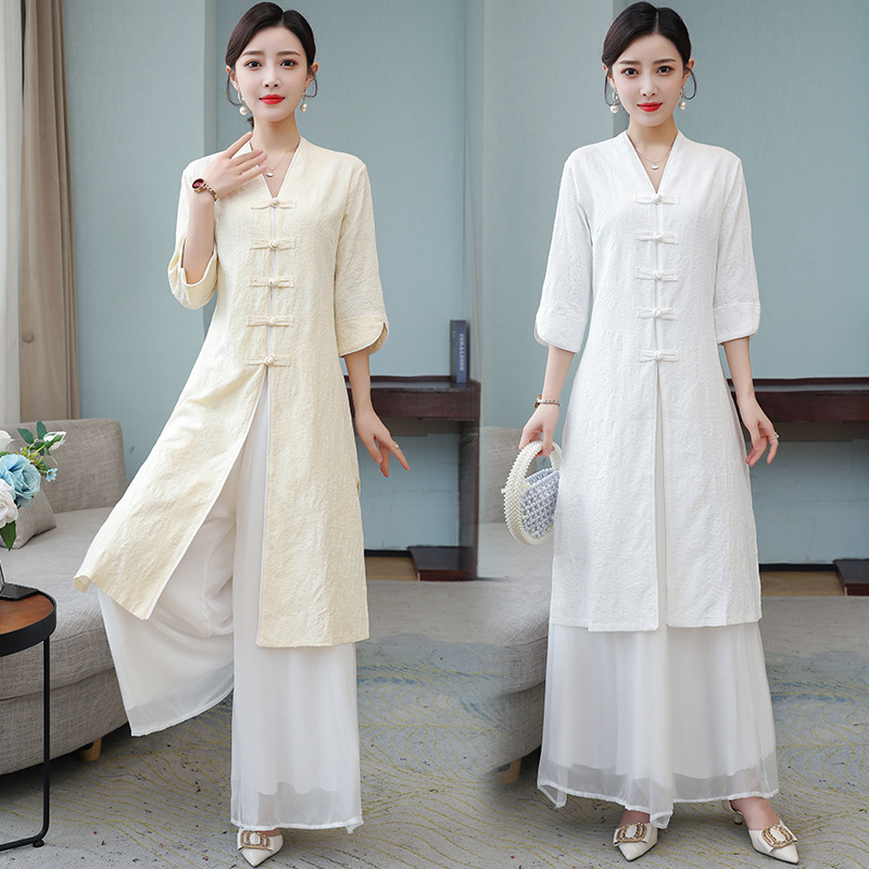 女性用禅服、春夏改良チャイナドレス、中国風文学レトロ綿麻ボタン付きヤングティードレススーツ|undefined