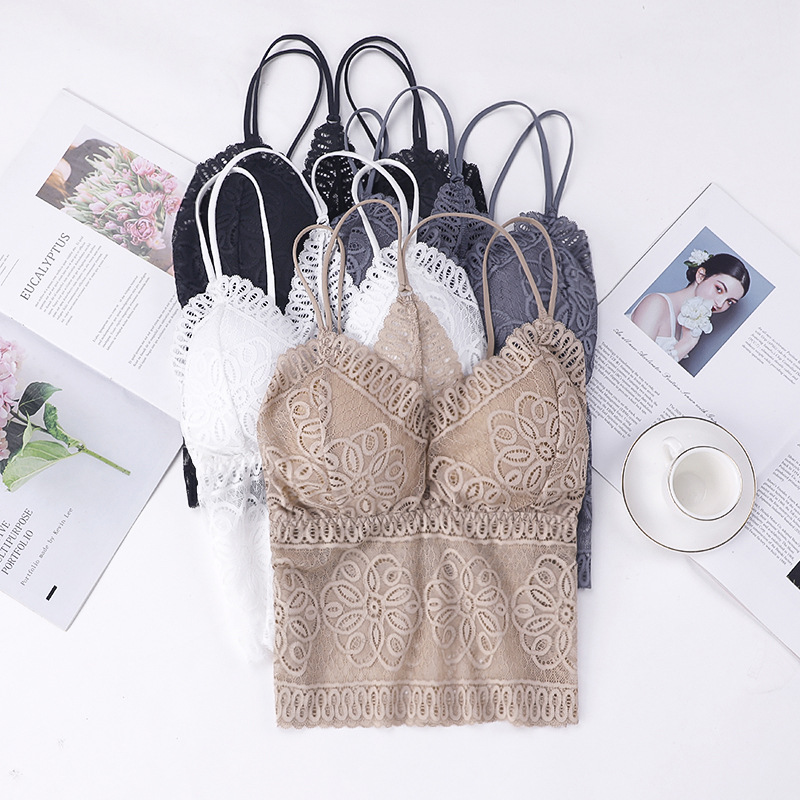 2022 verano inalámbrico con almohadilla en el pecho más tamaño encaje belleza espalda sujetador largo bottoming camisola de las mujeres chaleco