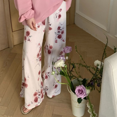 [Spot Clear] Nuevos pantalones anchos chinos de seda de algodón, pantalones de pijama perezosos de cintura alta rectos sueltos de primavera y verano para mujer