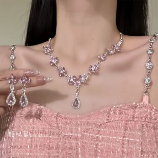 French sweet pink sparkling diamond drop necklace women's light luxury temperament high-end personalized clavicle chain earrings set