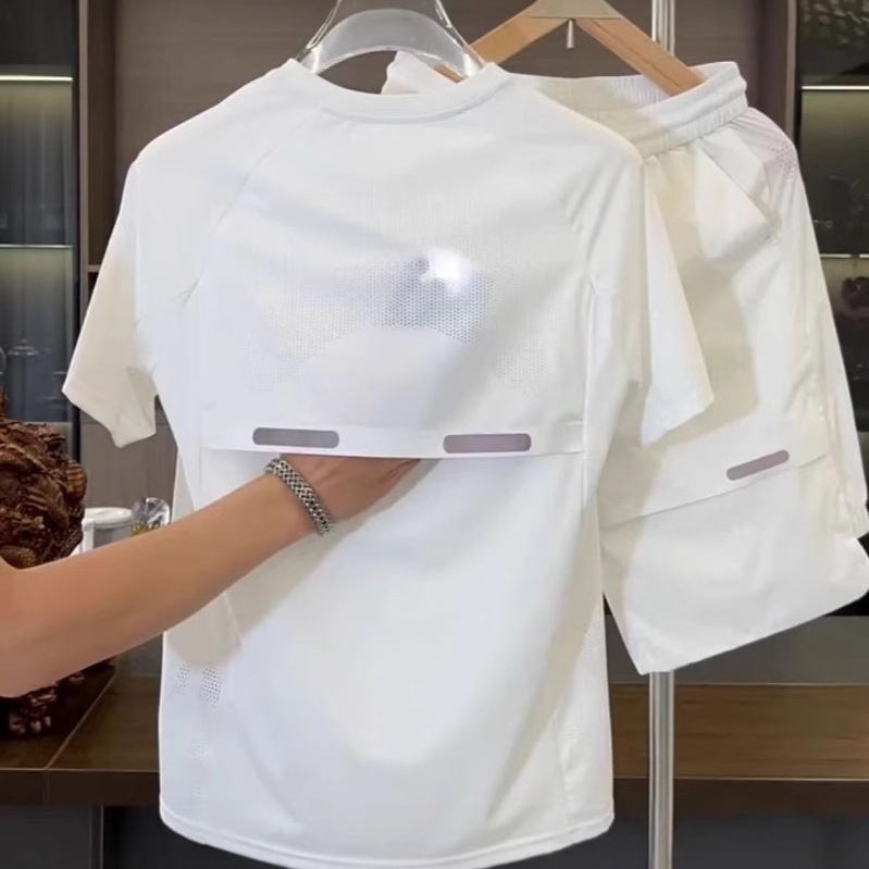 Camiseta de seda de hielo con costuras transpirables de verano, pantalones cortos, traje de ocio deportivo de secado rápido suelto de alta elasticidad para hombre de dos piezas