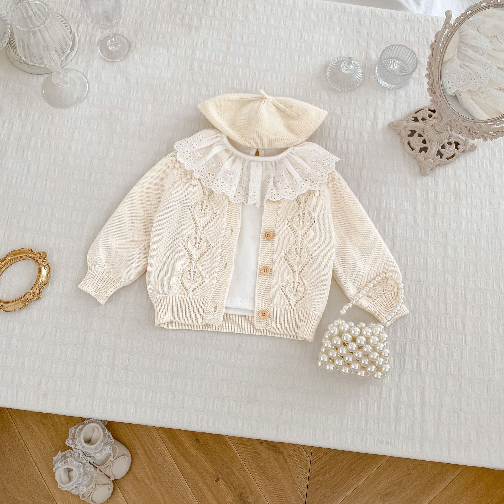 (2개) 가을  옷  소녀의 서양식 긴팔 니트 자켓 슬링 랩 투피스 긴팔 티셔츠 세트