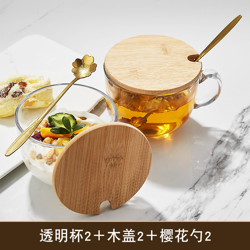 2 transparent breakfast cups + 2 bamboo lids + 2 cherry blossom spoons