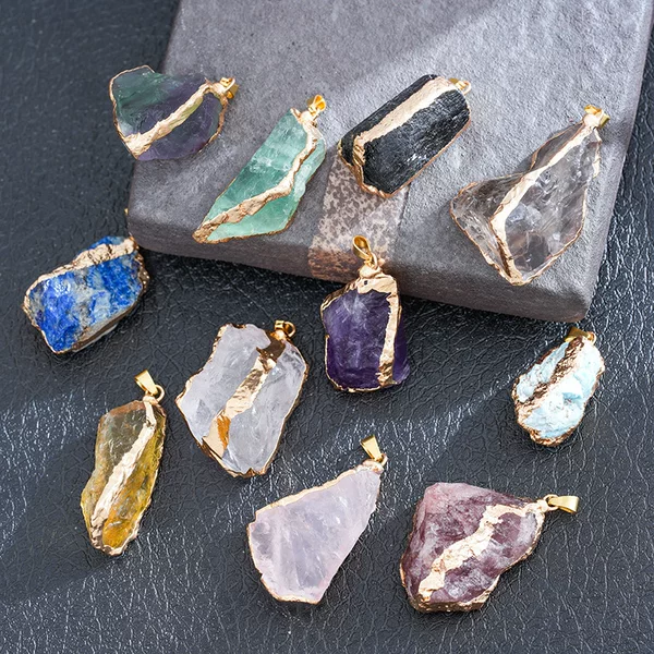 European and American Cross-border Amethyst Crystal Pendant Necklace Natural Crystal Irregular Crystal Pendant Pink Crystal Gold-plated Edge