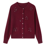 秋冬新款100%羊毛衫大码宽松妈妈装开衫秋冬保暖毛衣外套圆领绣花，女装针织衫/毛衣，妃慕昵服饰