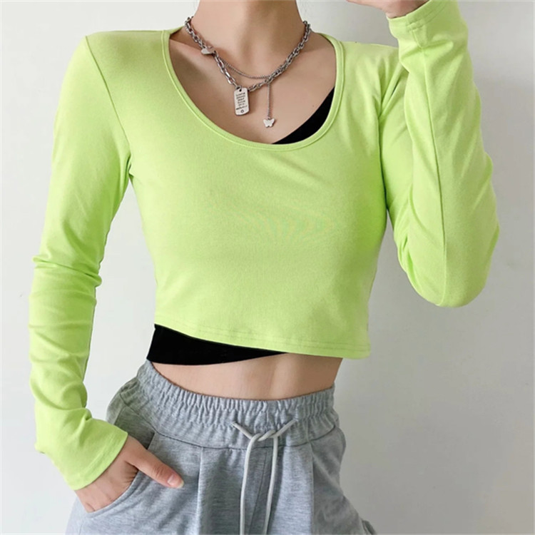 U-neck splicing long sleeve crop top NSHS46715