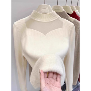Breastfeeding Clothes Hot Mom fleece-lined Thickened Autumn and Winter Long Sleeve Breastfeeding Sweater Women's Postpartum Knitted Breastfeeding Top for Winter