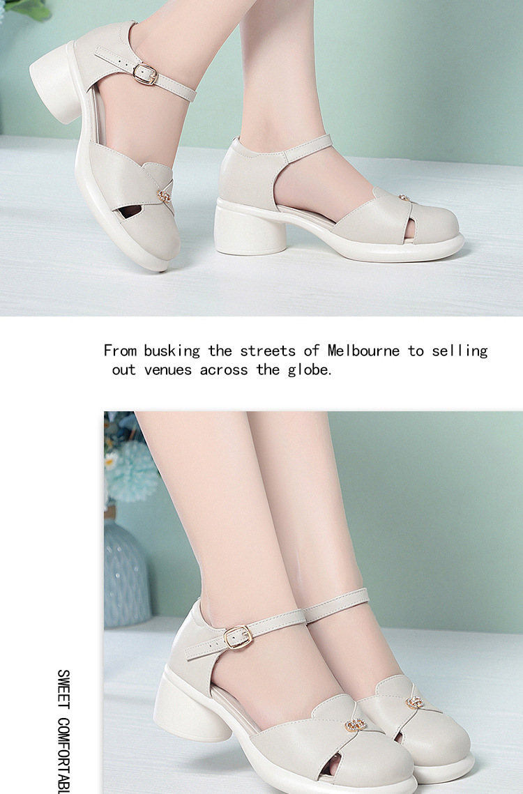 Sandal cao gót nữ quai ngang da bò thật, gót vuông ổn định, đế dày phong cách La Mã — Đen【Da bò lớp đầu】 chi tiết 12