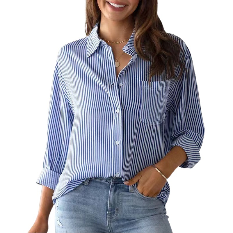 Europa y América del comercio exterior de las mujeres 2023 nuevo Amazon rayas cardigan camisa suelta casual Camisa de manga larga
