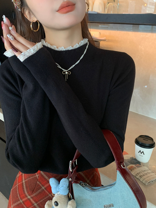 灰色蕾丝边打底衫女早秋季内搭2025新款设计感黑色上衣半高领毛衣|undefined