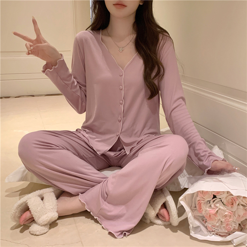 パジャマ春夏秋モーデルコットンセクシー快適vネック長袖長ズボンセットホームウェア