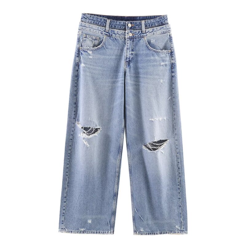 Pb&Za Cross-Border Foreign Trade Women's Fashion Ripped Double-Layer Waistband Loose Mid-Waist Straight-Leg Jeans for Women 3607014