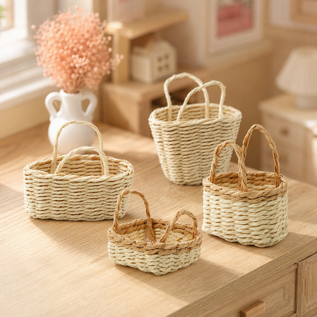 Cesta Miniatura Portátil de Paja Raffia de Papel Tejida para Casa de Muñecas y Pascua