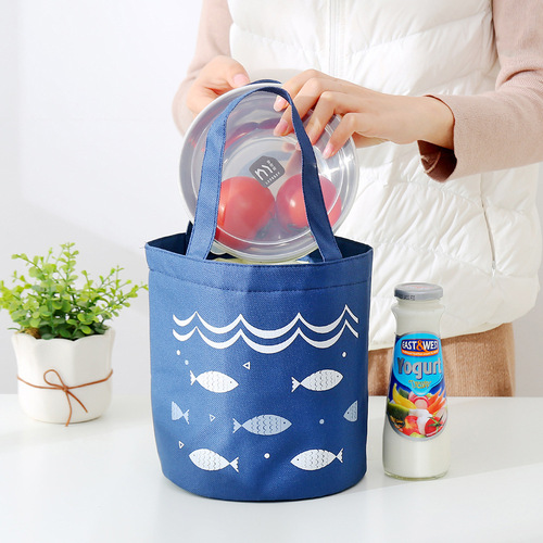 Portable drawstring lunch bag large capacity fresh-keeping insulated lunch box bag round barrel thickened insulated bag student lunch box bag