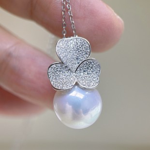 13-14mm Freshwater Pearl Clover S925 Silver Pendant Round Extreme Light Sterling Silver Necklace