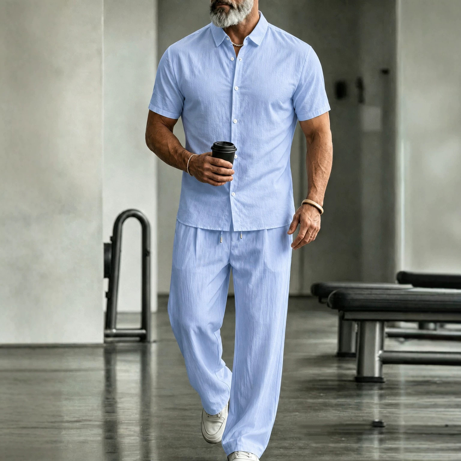 Leinenhemd und Hose für Herren, einfarbig, lässig-modischer Kurzarmanzug für den täglichen Weg zur Arbeit_voghion.com