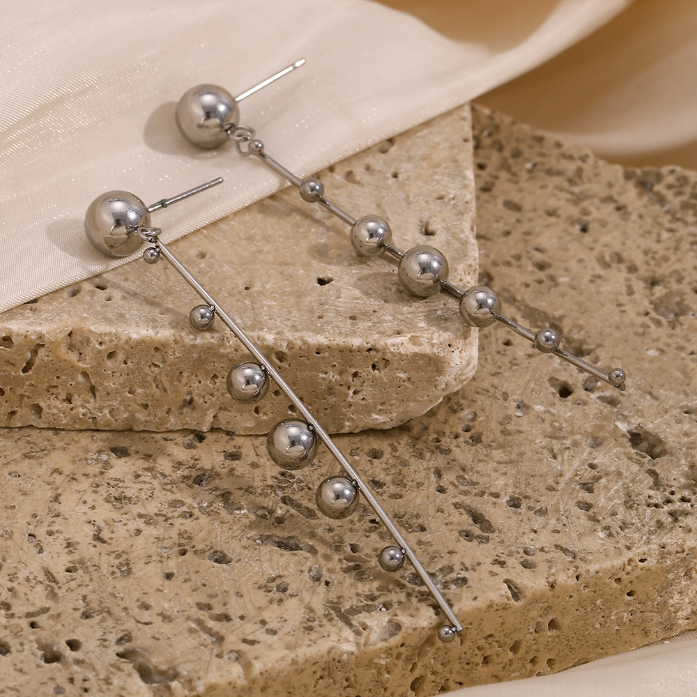 Steel Color Beads Tassel Stainless Steel Earrings