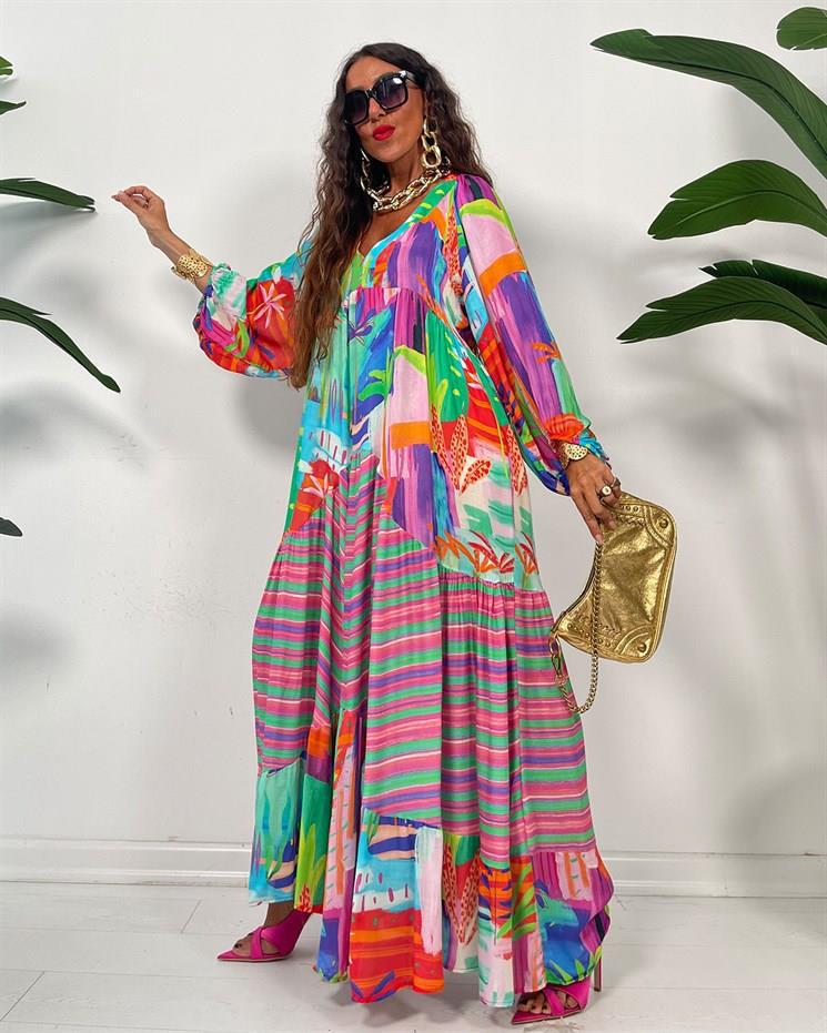 Daily Occasion V Neck Neckline Loose Version Wholesale Women's Vintage Style Printing Color Block Daily V Neck Long Sleeve Swing Dress