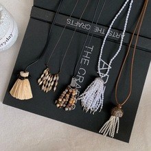 波西米亚民族风彩色手工串珠流苏项链女时尚高级感长款毛衣链配饰