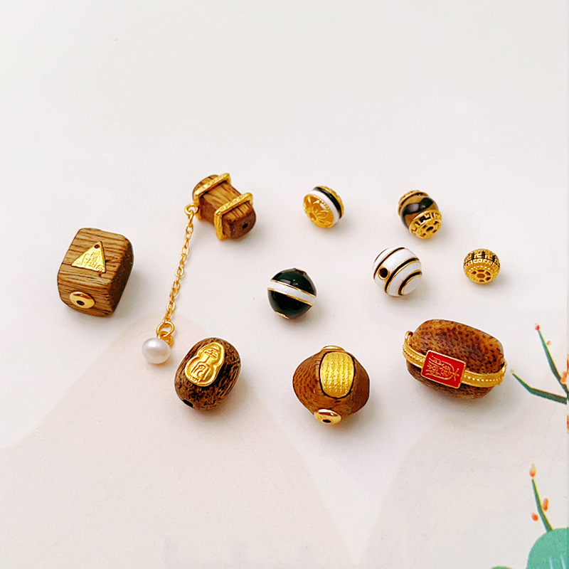 S925 Silver Gold-Plated Agarwood Burnt Blue Spacer Beads Dzi Beads Accessories Bracelet DIY Handmade Semi-Finished Accessories