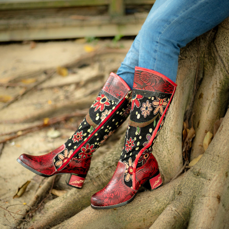 Cross-border Casual Genuine Leather Vintage Floral Ethnic Style Women's Boots Adjustable Knee-length Women's Boots High Boots Cross-border Casual Genuine Leather Vintage Floral Ethnic Style Women's Boots Adjustable Knee-length Women's Boots High Boots