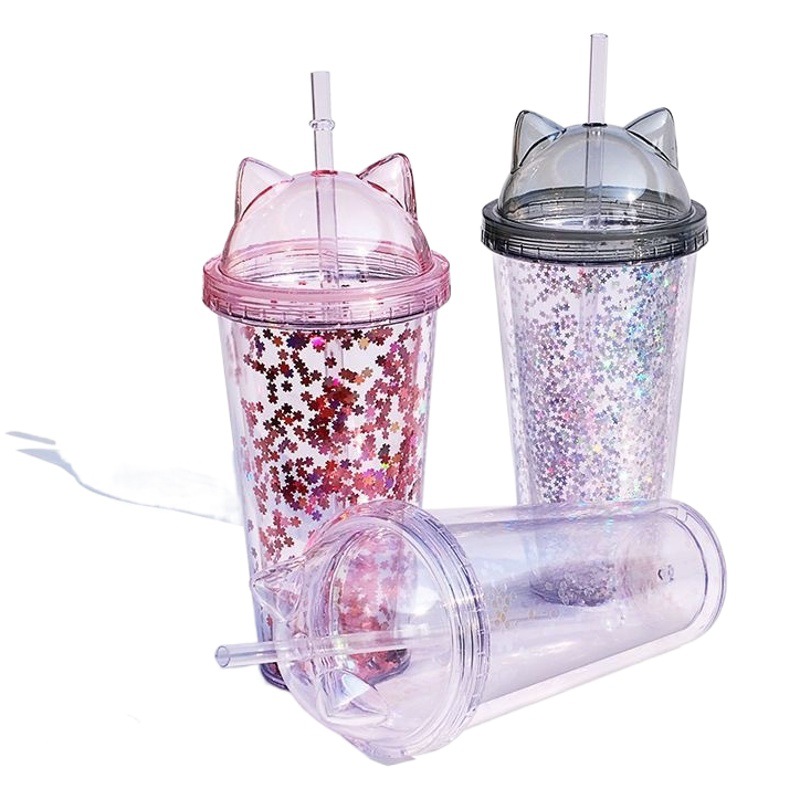 INS doble taza de paja de plástico taza de paja linda tapa de oreja de gato taza de paja brillo lentejuelas taza de paja 16O