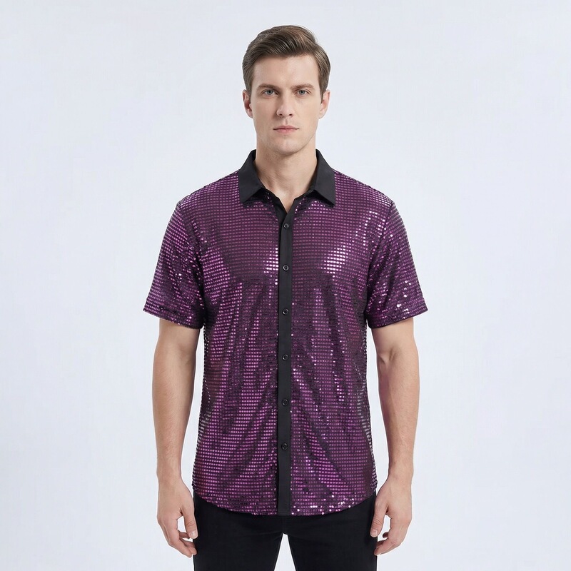 Cross-Border Summer New Style Personalized Trendy Breathable Sequined Short-Sleeved Shirt Amazon Best-Selling Square Collar Color-Blocked Men's Clothing Cross-Border Summer New Style Personalized Trendy Breathable Sequined Short-Sleeved Shirt Amazon Best-Selling Square Collar Color-Blocked Men's Clothing