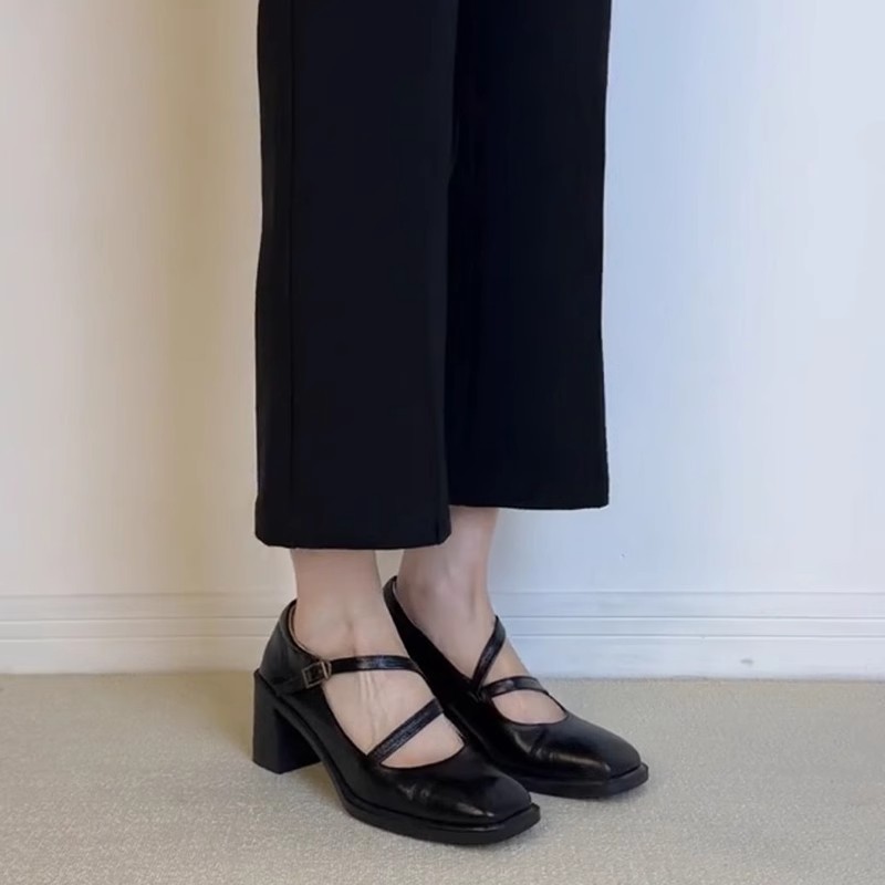 Square Toe High Heel Mary Jane Shoes Female Chunky Heel Low-cut