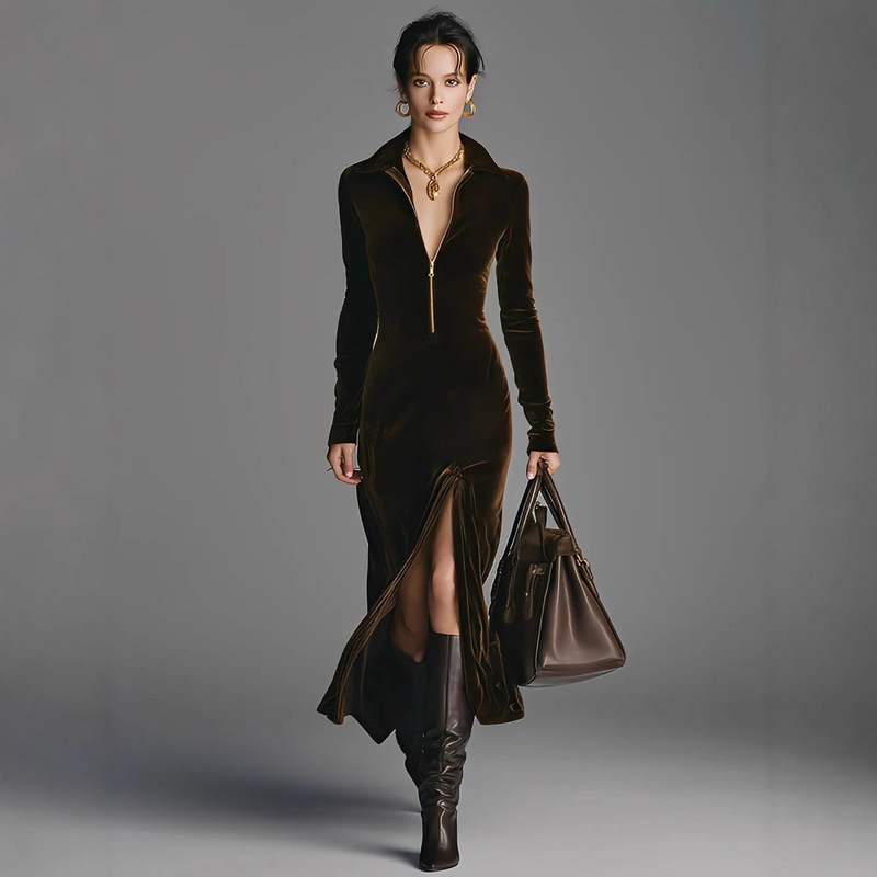 2025 European and American Cross-Border Autumn and Winter Women's Korean Velvet Gorgeous Lapel Zipper Front Slit Long Skirt 2025 European and American Cross-Border Autumn and Winter Women's Korean Velvet Gorgeous Lapel Zipper Front Slit Long Skirt