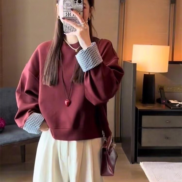 韩版设计感假两件拼色格子长袖卫衣女秋季新款宽松慵懒上衣潮|undefined