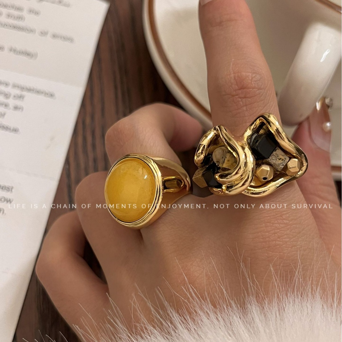 复古天然虎眼石开口戒指女小众设计高级中古时髦波罗的海轻奢指环
