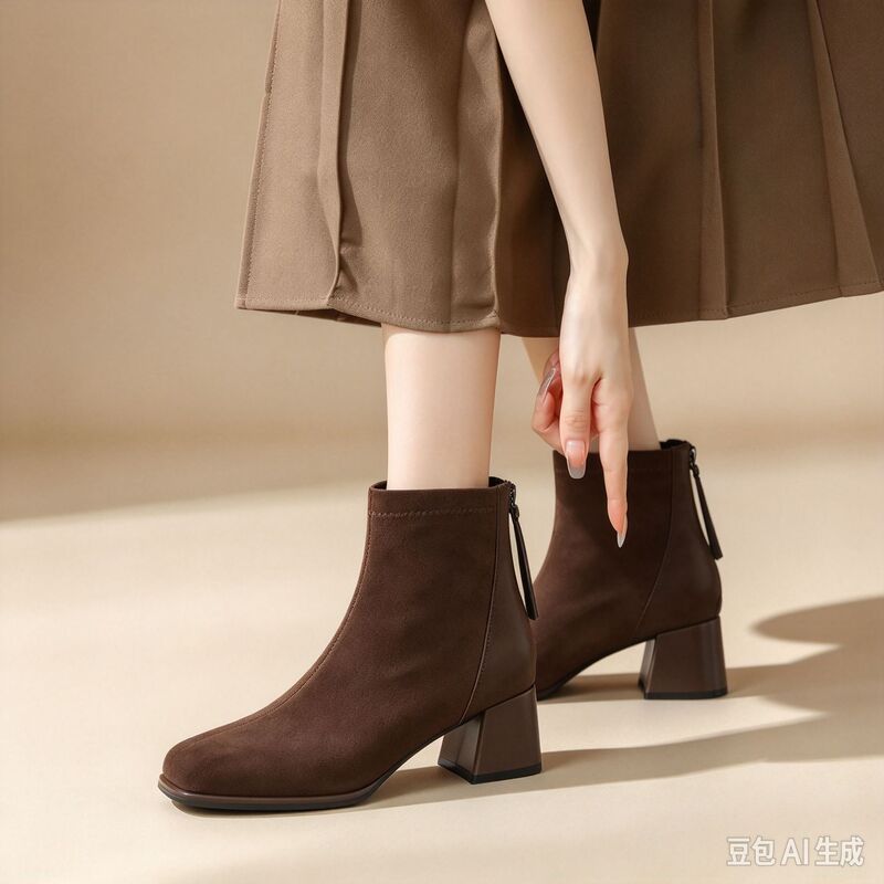 Vintage Thick High Heel Suede Short Barrel Martin Boots 2024 Autumn and Winter Stitching British Thin Boots Explosions fleece-lined Women's Short Boots